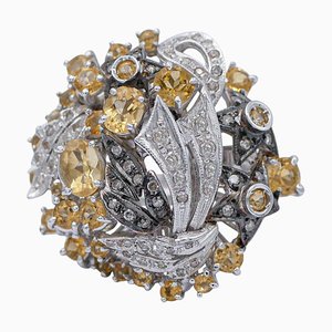 18 Karat White Gold Topazs and Diamonds Ring, 1960s