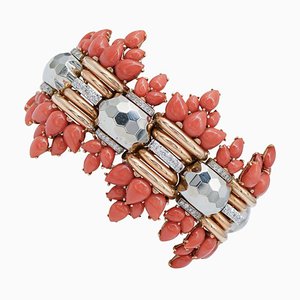 18 Karat White and Rose Gold and Coral Diamonds Bracelet, 1950s