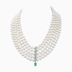 Diamonds, Emerald, Pearls and Platinum Necklace