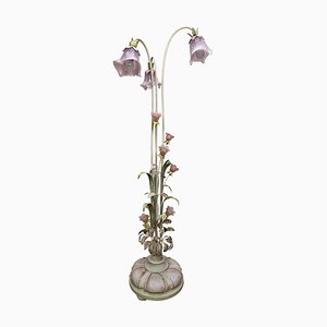 Vintage Painted Tole and Glass Floral Floor Lamp, 1950s