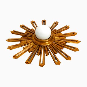 Mid-Century Sunburst Ceiling or Wall Light in Gold-Plated Wood
