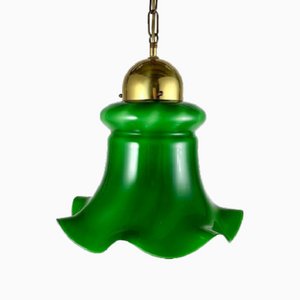 Lampada da soffitto in vetro verde e ottone dorato, Belgio, anni '80