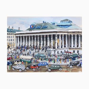 Lucien Génin, Paris La Bourse, 1930s, Gouache on Paper, Framed