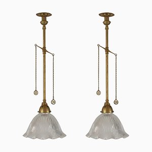 Art Deco Holophane Glass and Aged Brass Pendants, 1920s, Set of 2