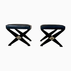 Set of Stools in Black Lacquered Wood and Blue Leather