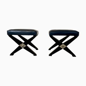 Stools in Black Lacquered Wood and Blue Leather, Set of 2