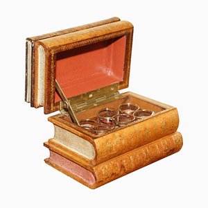 Antique Regency Shot Glass Bar Set in Brown Leather Box, 1820, Set of 6