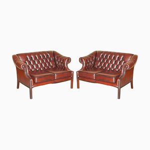 Chesterfield Tufted Sofas in Bordeaux Brown Leather from Harrods London, Set of 2