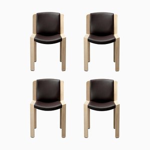 Chair 300 in Wood and Sørensen Leather by Joe Colombo, Set of 4