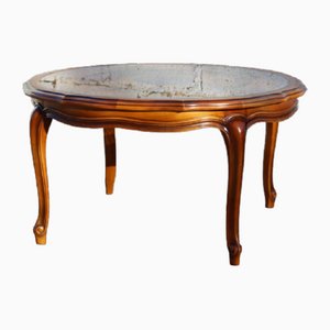 Vintage French Round Wood, Cane & Glass Coffee Table, 1960s