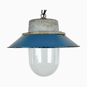 Lampe à Suspension Industrielle en Émail Bleu et Fonte, 1960s