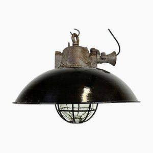 Lampada a sospensione industriale in ghisa nera, anni '50