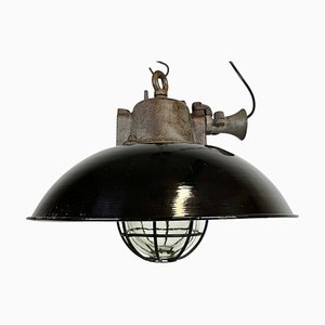 Lampe à Suspension Industrielle Cage en Émail Noir et Fonte, 1950s