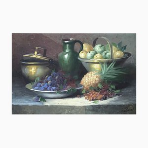 Georges Duval, Nature Morte aux Fruits et Pichet Vert, 20th Century, Oil on Canvas, Framed