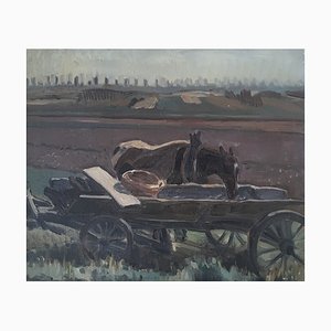 Numa Donzé, Paysage de terrain avec cheval de trait, 1934, Oil on Canvas, Framed