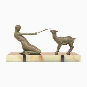 Janle, Sculpture Art Déco, Jeune avec Chèvre, France, 1930, Métal sur Socle en Marbre