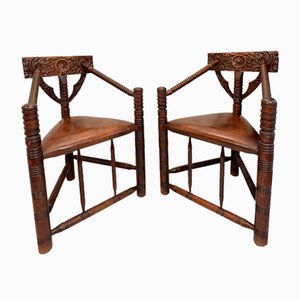 Set of Oak with Leather Monk Chairs, Sweden, 1950s