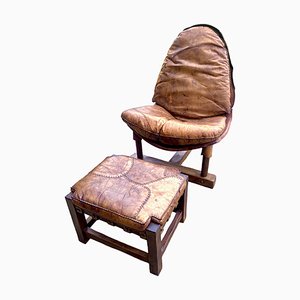 Brutalist Brazilian Leather Chair and Hocker, 1960s, Set of 2