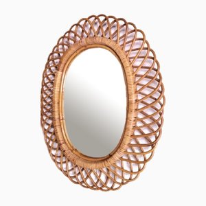 Vintage Oval Mirror in Wicker, Bamboo & Rattan, 1950s