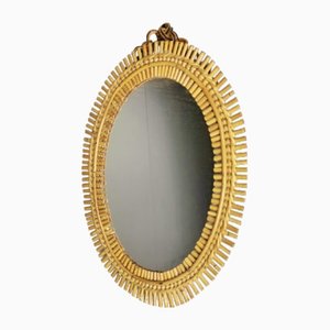Vintage Oval Rattan Mirror, 1950s