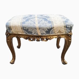 Gilded Stool with Damask Fabric with Cream Blue Stripes, 1950s