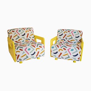 Modern Wooden Armchairs with Geometric Embroidered Upholstery, Italy, 1980s, Set of 2