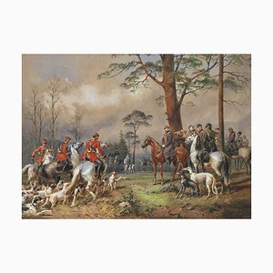 M. A. Zichy, Horse Hunting of Alexander II Near St. Petersburg, Watercolor, 1800s, Framed