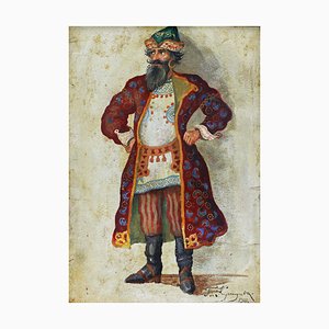 Boceto de vestuario teatral de mercader ruso, siglo XVII, Gouache sobre cartón, enmarcado