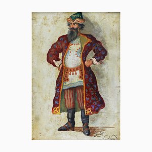 Croquis de Costume de Théâtre de Marchand Russe, 17ème Siècle, Gouache sur Carton, Encadré