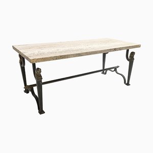 Mid-Century Wrought Iron and Travertine Coffee Table, 1940s