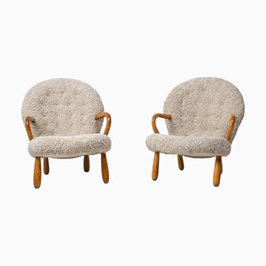 Sheepskin Muslinge Clam Chairs by Arnold Madsen, 1950s, Set of 2