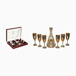 Queen Elizabeth II Sterling Silver Drinks Decanter Bar and Goblets Suite from Asprey, 1983, Set of 7