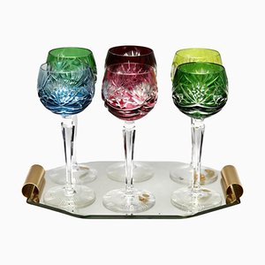 Crystal Mix Stem Glasses with Colored Overlay, 1950, Set of 7