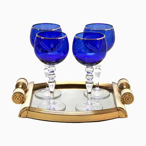 Crystal Stem Glasses in Cobalt Overlay with Tray, 1935, Set of 5