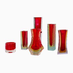 Red Murano Glass Vases, Set of 6