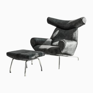 OX EJ100 Dark Armchair with Footstool 1960s, Set of 2