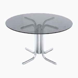 Vintage Dining Table on Chromed Leg with Glass Top, Italy, 1970s