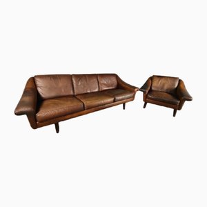 Brown Leather Matador Sofa and Armchair attributed to Aage Christiansen for Erhardsen & Andersen, 1960s, Set of 2