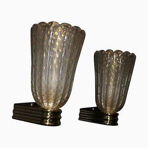 Barovier Style Murano Pulegoso Gold Glass Wall Lights with Gold Glitter Inclusions, 1990, Set of 2