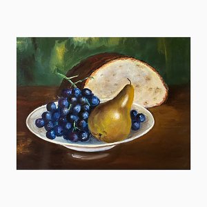Bodegón con peras y uvas, años 20, óleo sobre lienzo, enmarcado