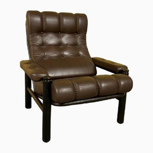 Vintage Danish Brown Leather Armchair with Wooden Frame, 1970s