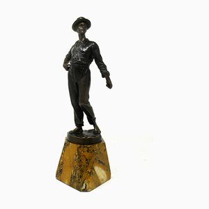 Figurine Masculine en Bronze sur Socle en Marbre de Sienne par Constantin Holand, Début 20ème Siècle