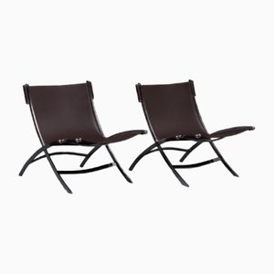 Scissor Lounge Chairs in Chrome and Saddle Leather by Antonio Citterio for Flexform, 1970s, Set of 2