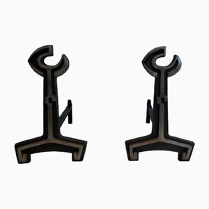 Modern Cast Iron and Wrought Iron Andirons, 1950s, Set of 2