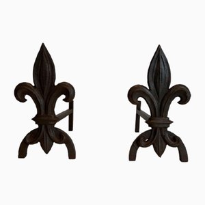 Chenets with Cast Iron and Wrought Iron Lilies, 1970s, Set of 2