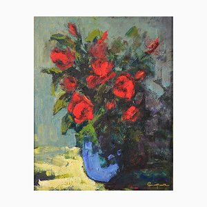 Fleurs Rouges dans un Vase Bleu, Fin 20ème Siècle, Huile sur Toile