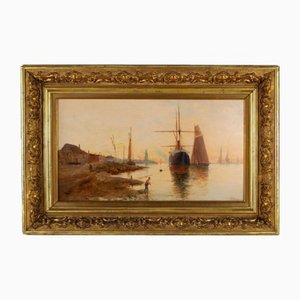 After Thomas Spinks, Harbour Boats at Dusk, 19th Century, Oil on Panel, Framed