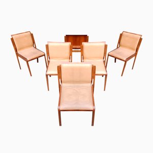 Mahogany Dining Chairs with Curved Leather Seats in the Style of Afra and Tobia Scarpa, 1960s, Set of 6