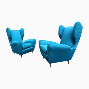 Blue Velvet & Wood Armchairs by Melchiorre Bega, 1950s, Set of 2