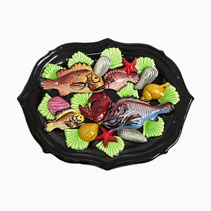 Assiette Murale Ovale Mid-Century en Majolique avec Créatures de la Mer de Vallauris, 1960s